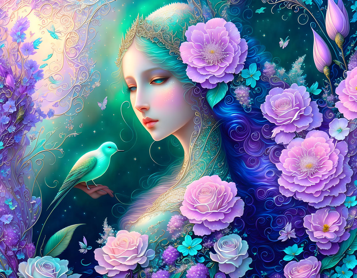 Colorful digital artwork of woman with blue hair and bird in floral setting.