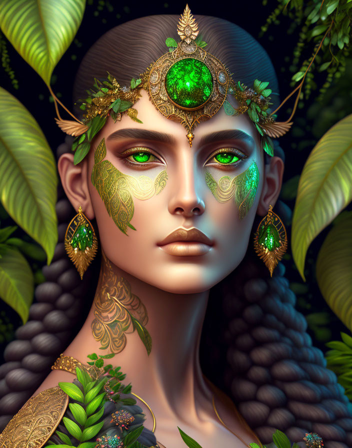 Woman with Intricate Golden and Green Makeup and Jeweled Headpiece