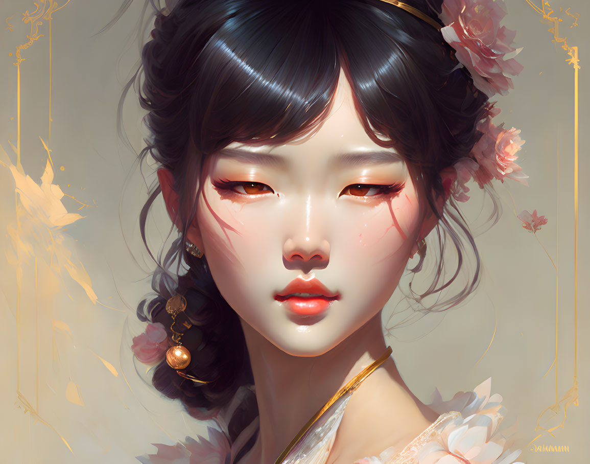 Digital painting of woman with elaborate hair and makeup, cherry blossoms, golden accents, traditional Asian aesthetic