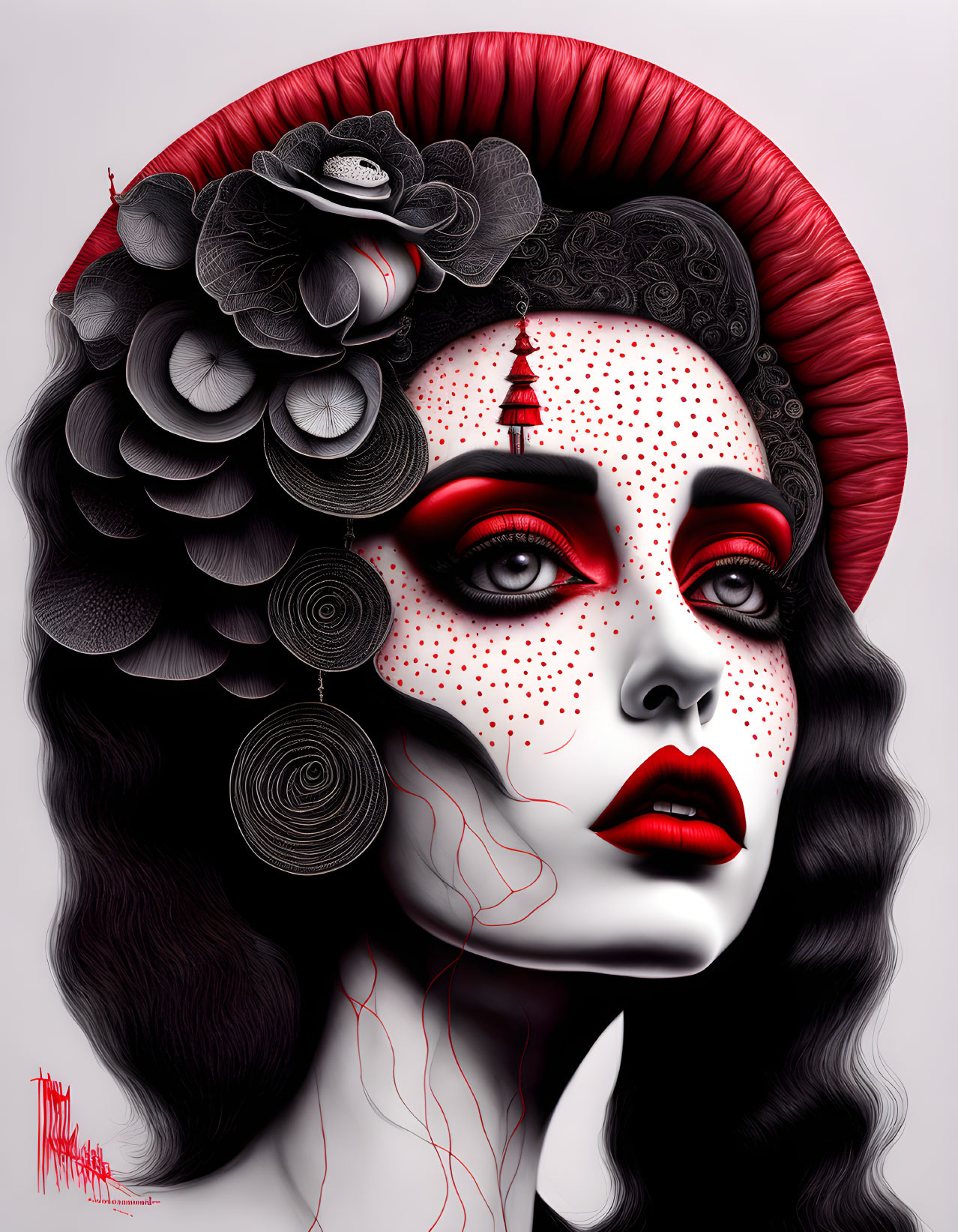 Digital artwork: Woman's face with red and black makeup and decorative flowers.