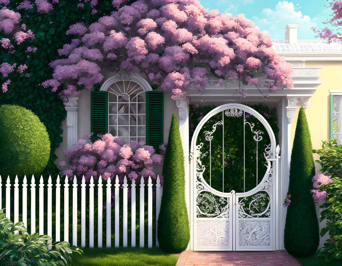 Charming garden with picket fence, lilac bushes, iron gate, topiary trees,