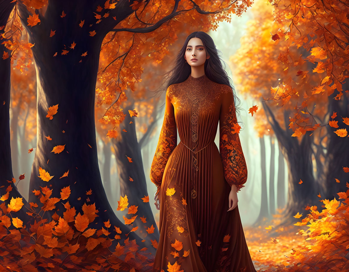 Woman in elegant autumn-themed dress in forest with falling leaves