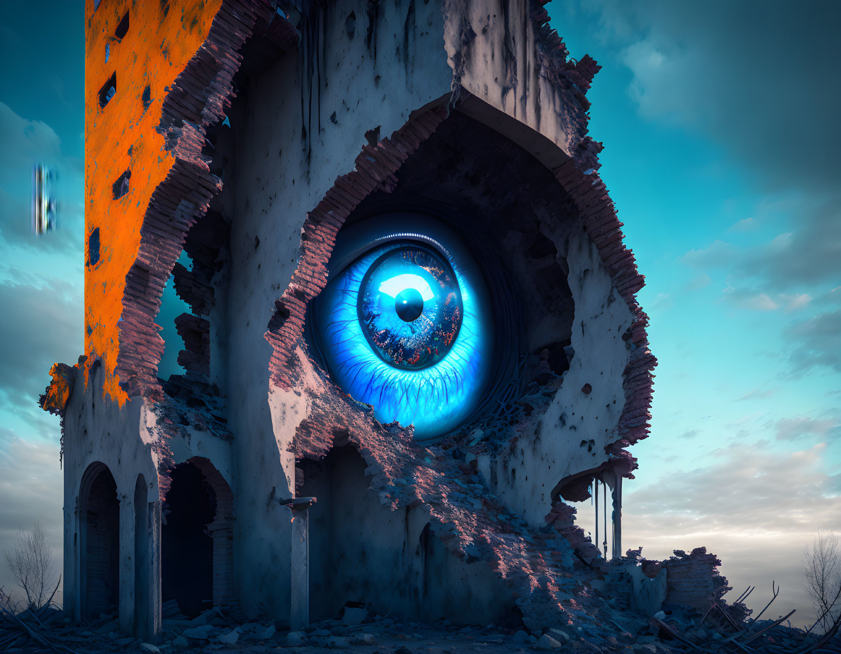 Giant blue eye on crumbling building under dusky sky