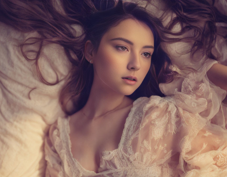 Serene young woman with flowing hair in delicate lace garment