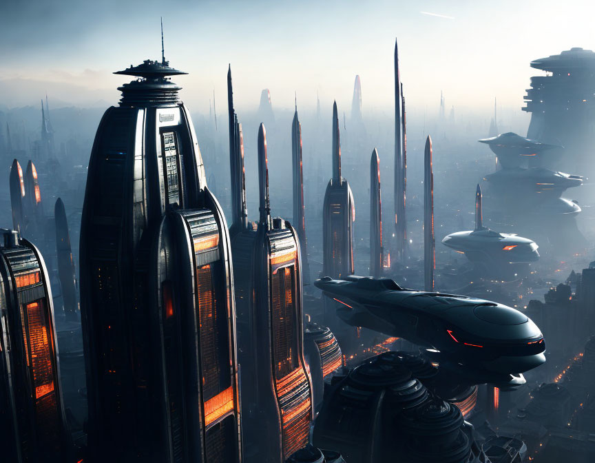 Futuristic cityscape with tall skyscrapers and flying vehicles at dusk