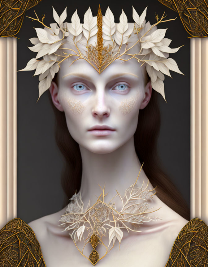 Fantasy-themed image of a person with pale skin, blue eyes, dark hair, gold and white