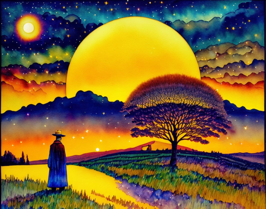 Watercolor landscape: Large sun setting, lone tree, figure in hat, starry sky