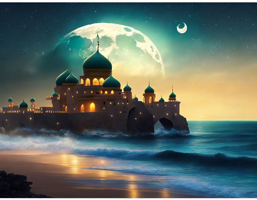 Majestic palace with green domes against night sky and rocky coastline