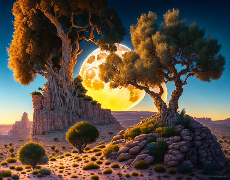 Fantastical sunset landscape with oversized moon and tall trees