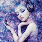 Female character with headphones and pen in colorful fantasy setting