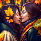 Affectionate pose of two women in vibrant autumn leaves