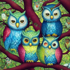 Whimsical owl illustration on tree branches with vibrant colors