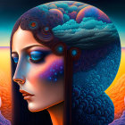 Surreal portrait of woman with vibrant, brain-like hair in sunset landscape