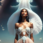 Angel wings woman in ornate white dress with birds against sky.