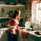 Red-haired woman in vintage dress washing dishes in sunlit retro kitchen