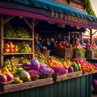 Colorful Fruit Market Stall with Canopy and People Interacting