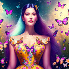 Digital Art: Woman with Purple Hair Surrounded by Butterflies in Dreamy Meadow