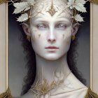 Fantasy-themed image of a person with pale skin, blue eyes, dark hair, gold and white