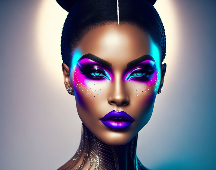 Vivid purple and blue makeup on woman in digital art