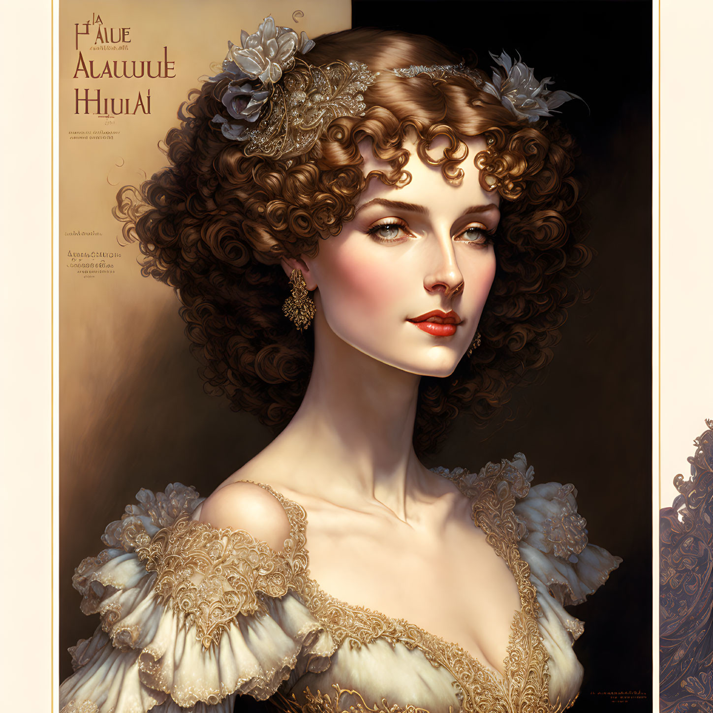 Detailed illustration of woman with curly hair, floral adornments, historical dress, lace, and earring