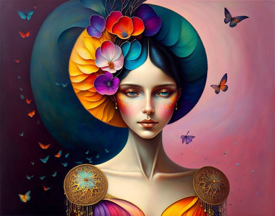 Colorful surreal portrait: woman with floral hair, crescent moon, butterflies, vibrant backdrop