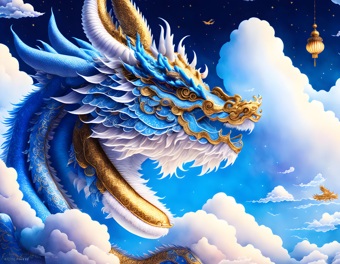 Majestic blue and gold Chinese dragon among clouds with lantern