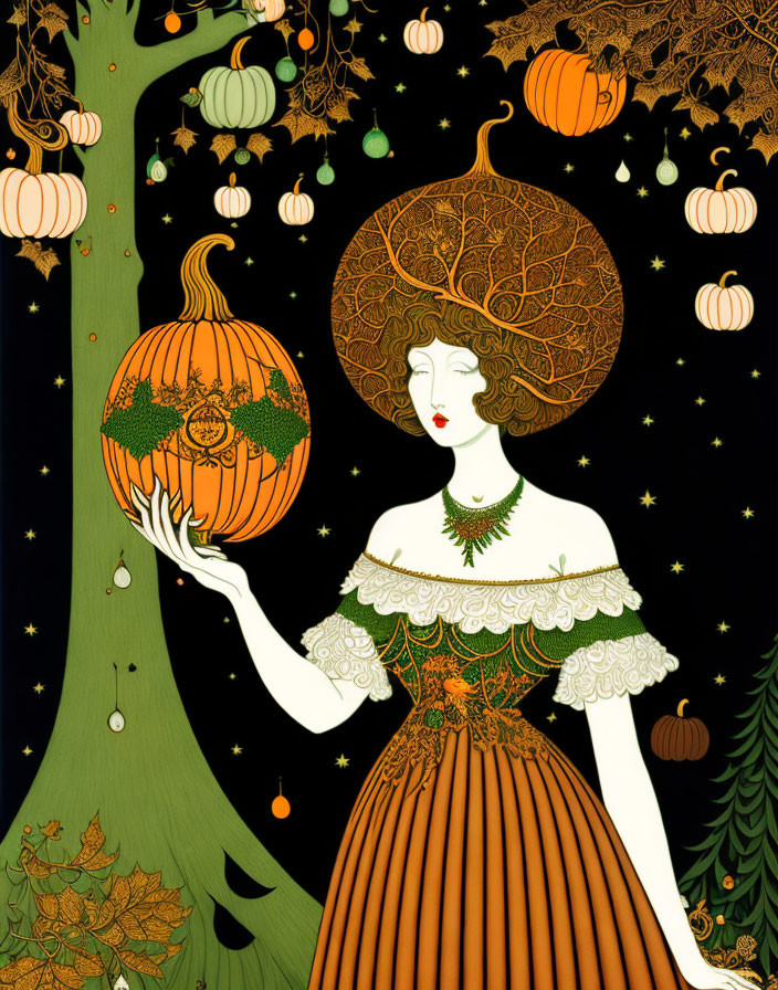 Illustration: Elegant woman with pumpkin head in autumn attire beside tree with pumpkins & leaves.