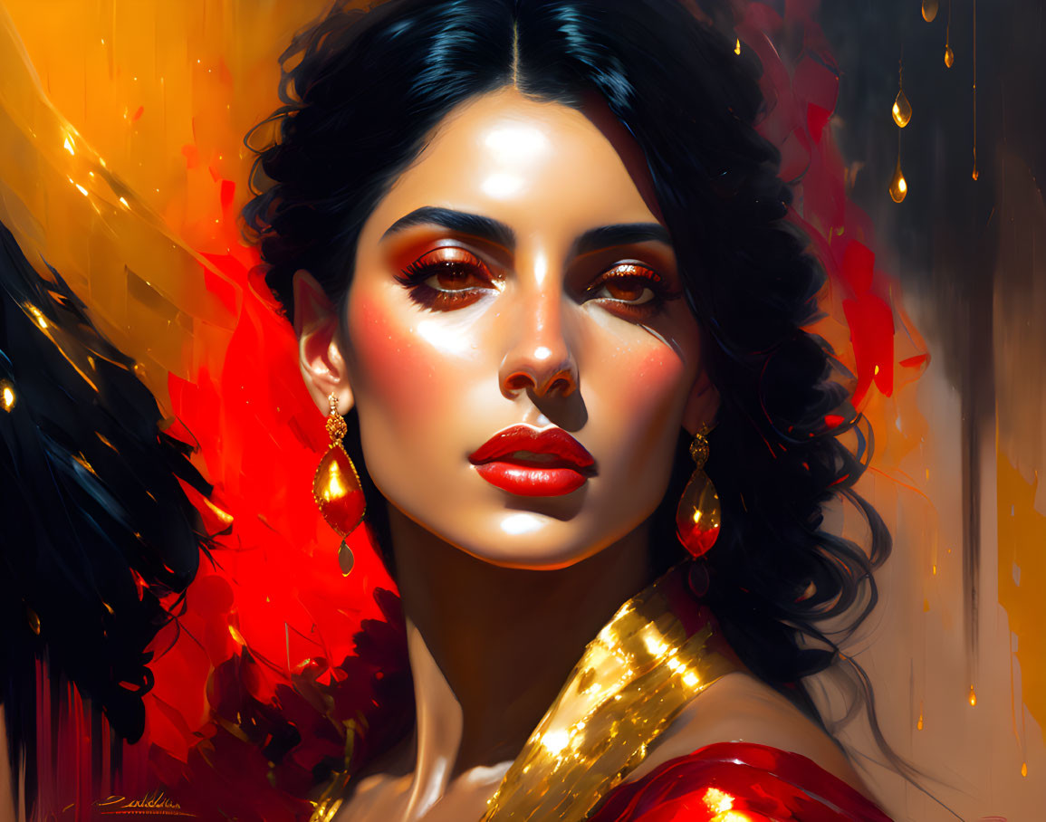 Portrait of woman with dark hair, radiant skin, red lips, golden earrings, and draped shoulders