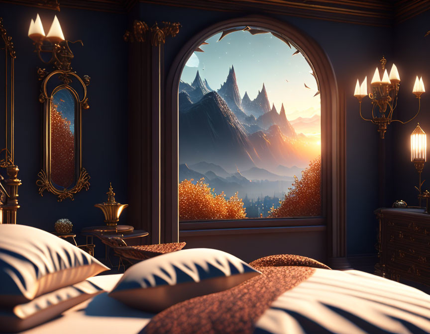 Mountain range and forest view bedroom at sunset with arched window