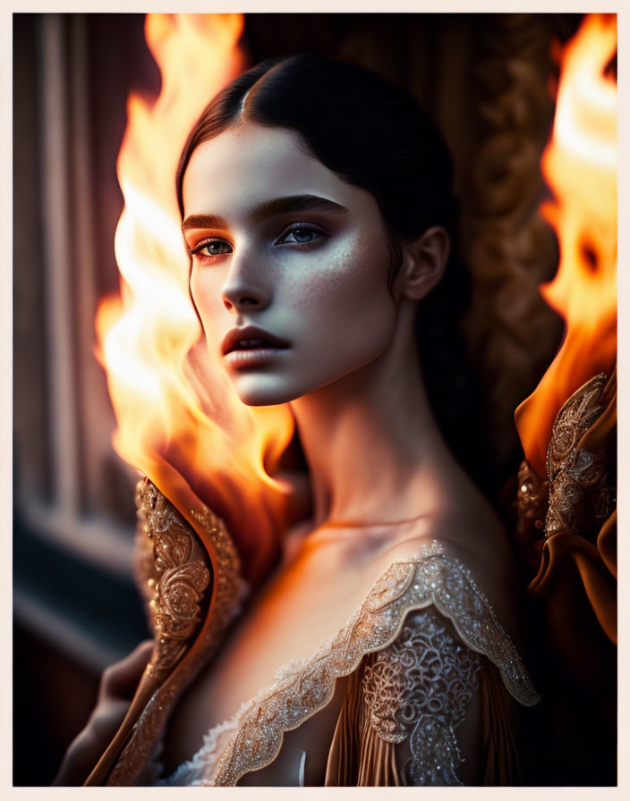 Woman in ornate golden dress beside dynamic flames casting warm glow