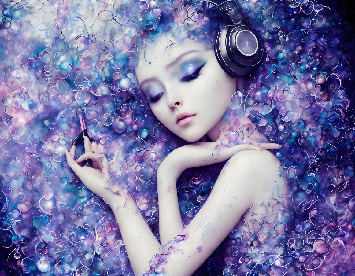 Female character with headphones and pen in colorful fantasy setting