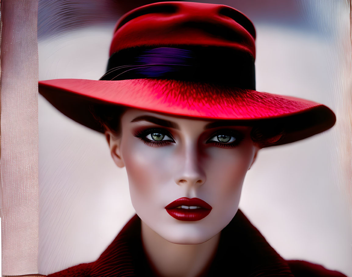 Portrait of woman with striking makeup in red hat and purple ribbon