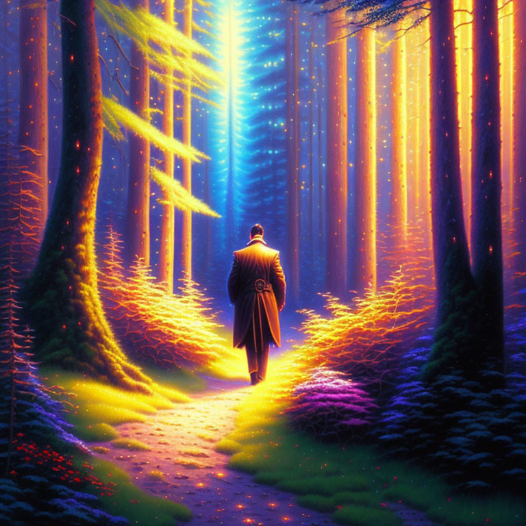 Person in traditional attire walks mystical forest path