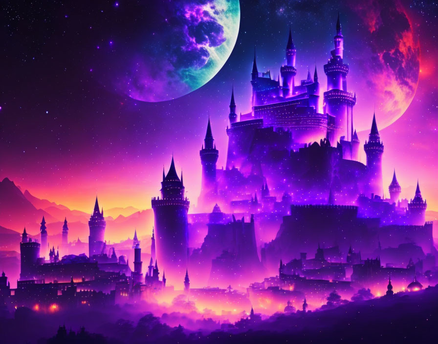 Fantasy castle with spires under purple and orange sky