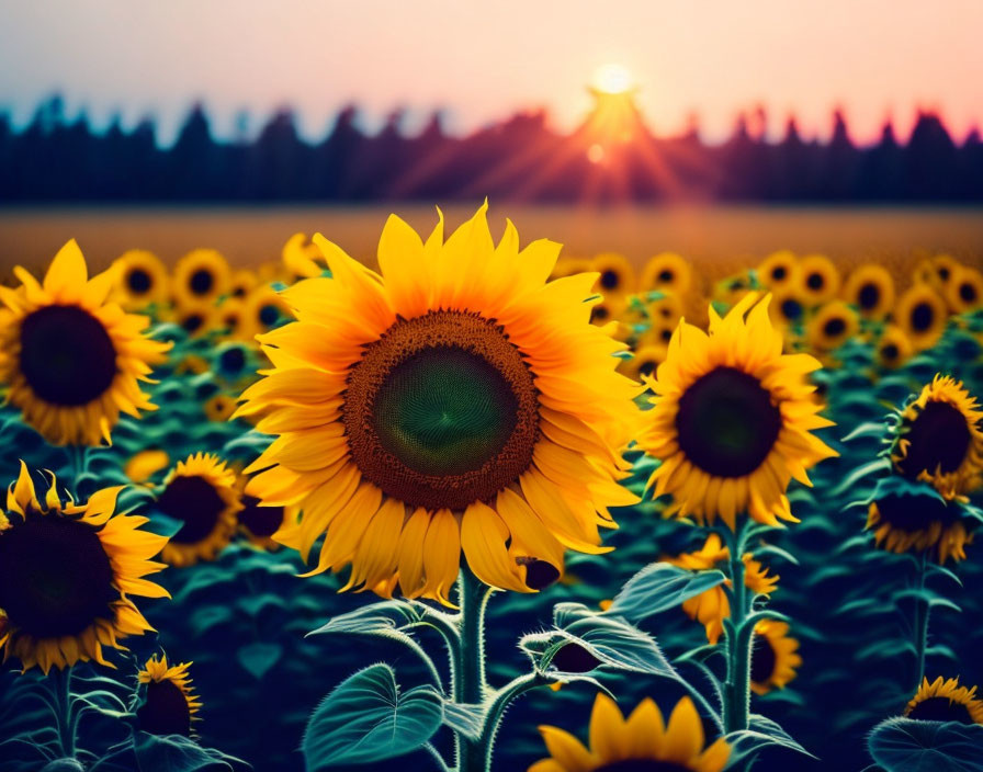 Sunflower in focus against sunset field with warm sunlight filtering through trees