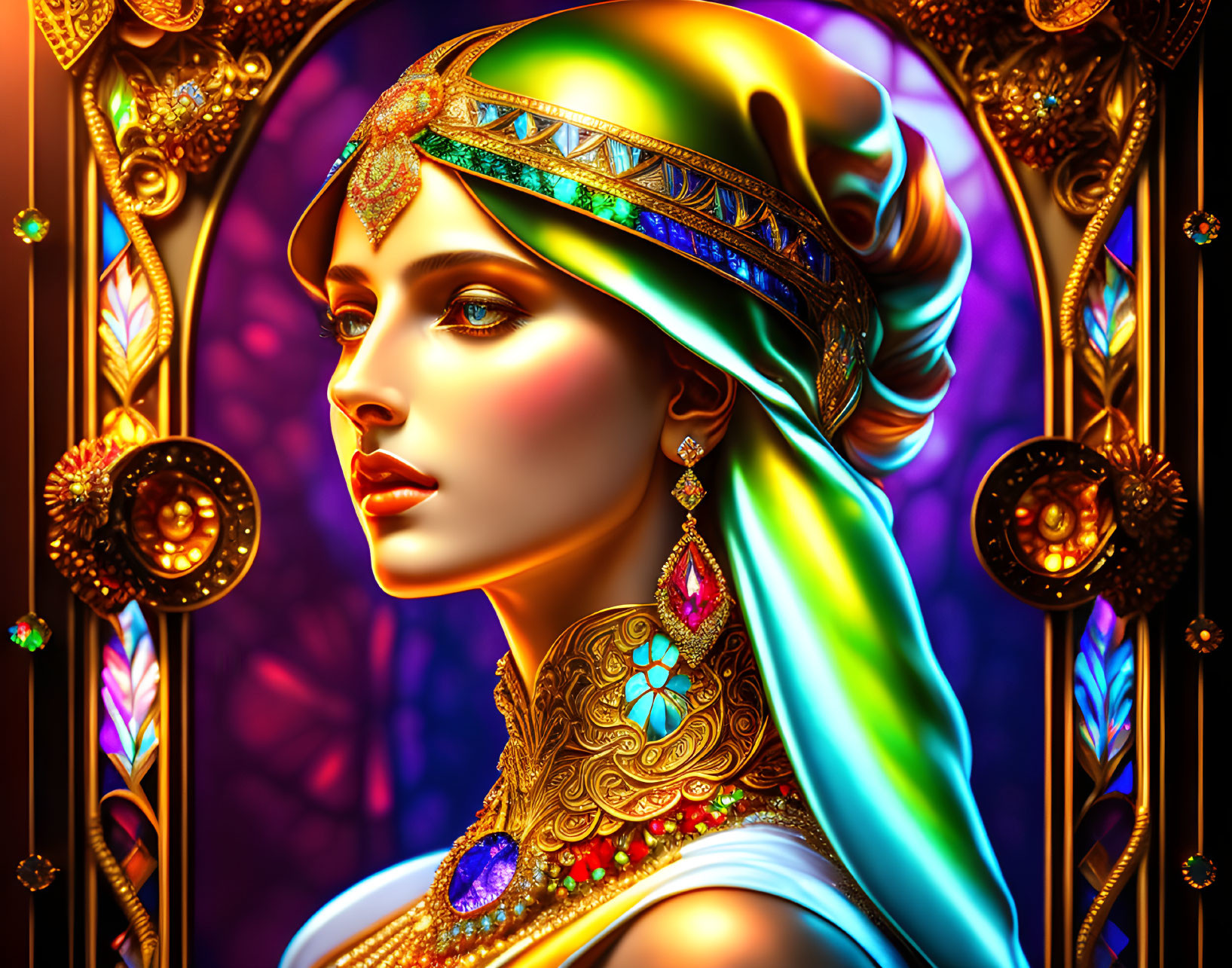 Colorful digital artwork of a woman in a turban with gold jewelry on stained-glass backdrop