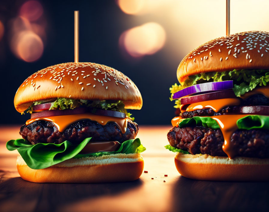 Double Cheeseburgers with Lettuce, Tomato, Onions on Sesame Seed Buns