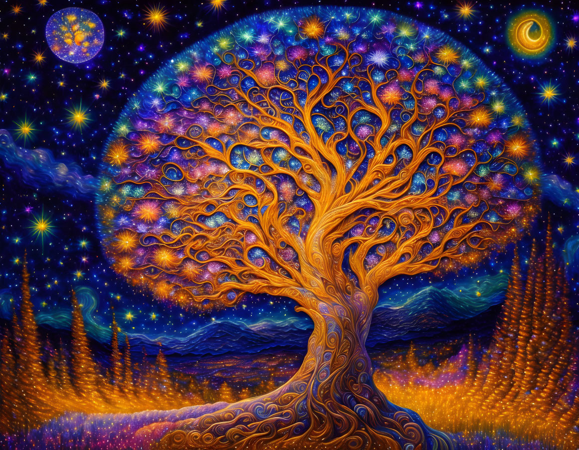 Colorful whimsical tree painting under cosmic sky with swirling branches