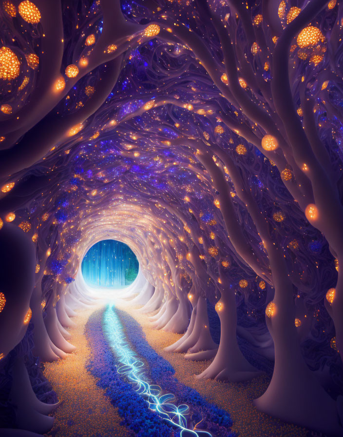 Glowing tree tunnel with luminous path to bright portal