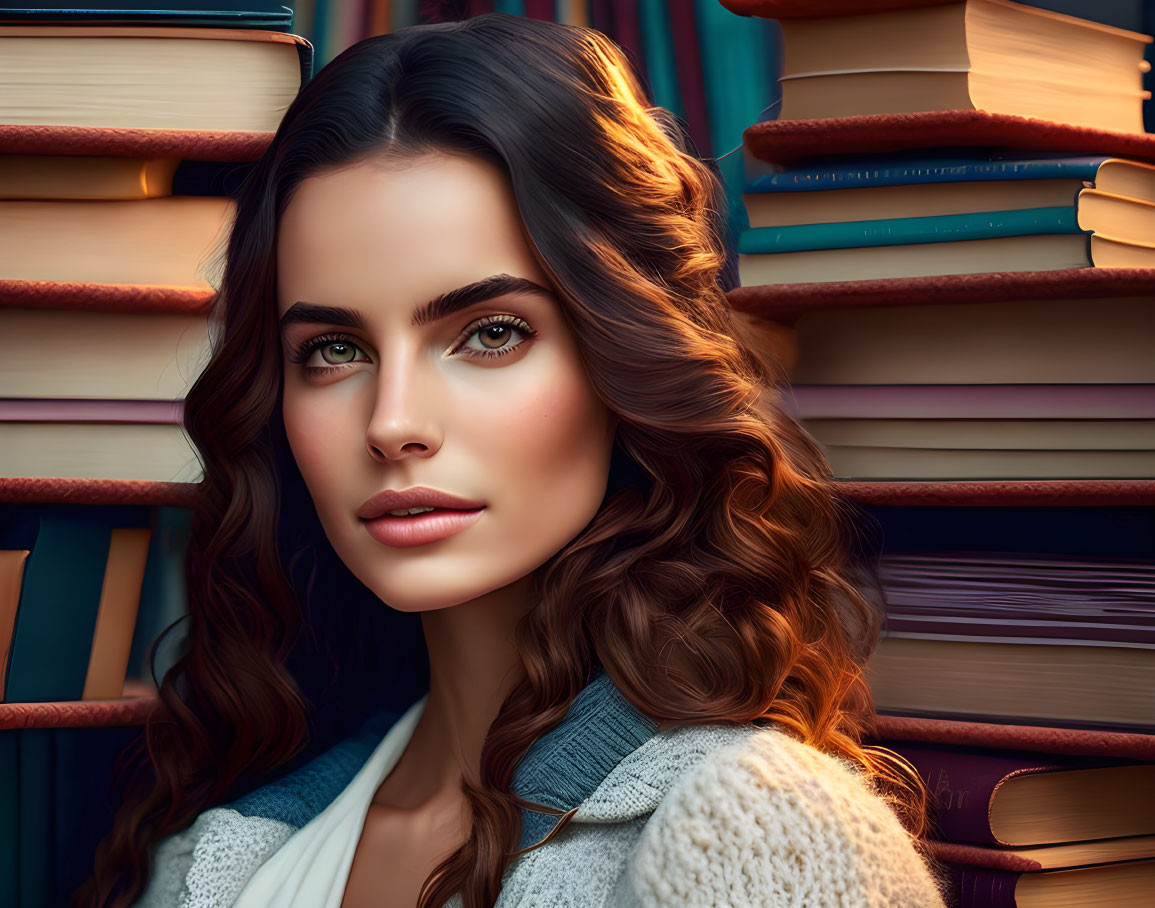 Woman with Wavy Hair Among Colorful Hardcover Books