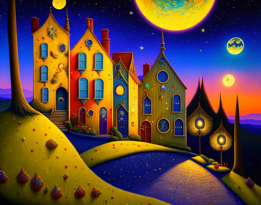 Colorful quirky houses on hill with moons and stars in warm & cool sky