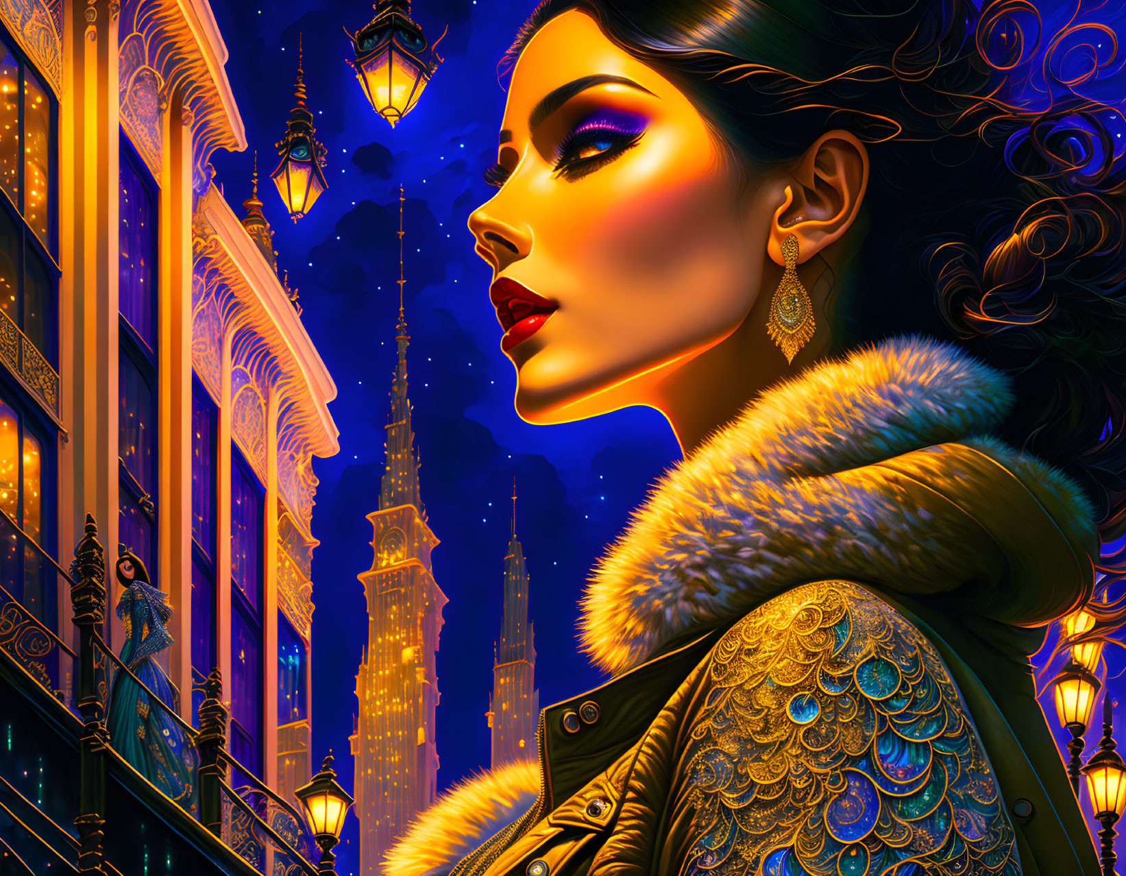 Luxuriously dressed woman in vibrant cityscape at night