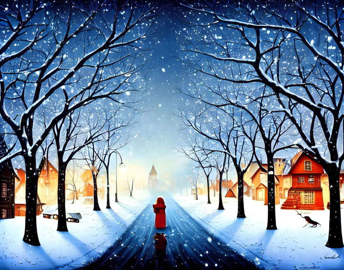 Person in red coat walking on snowy street under twilight sky