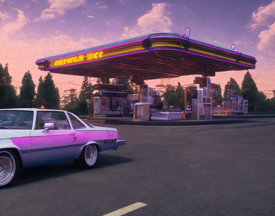 Twilight scene of retro-futuristic gas station with neon lights & classic car.