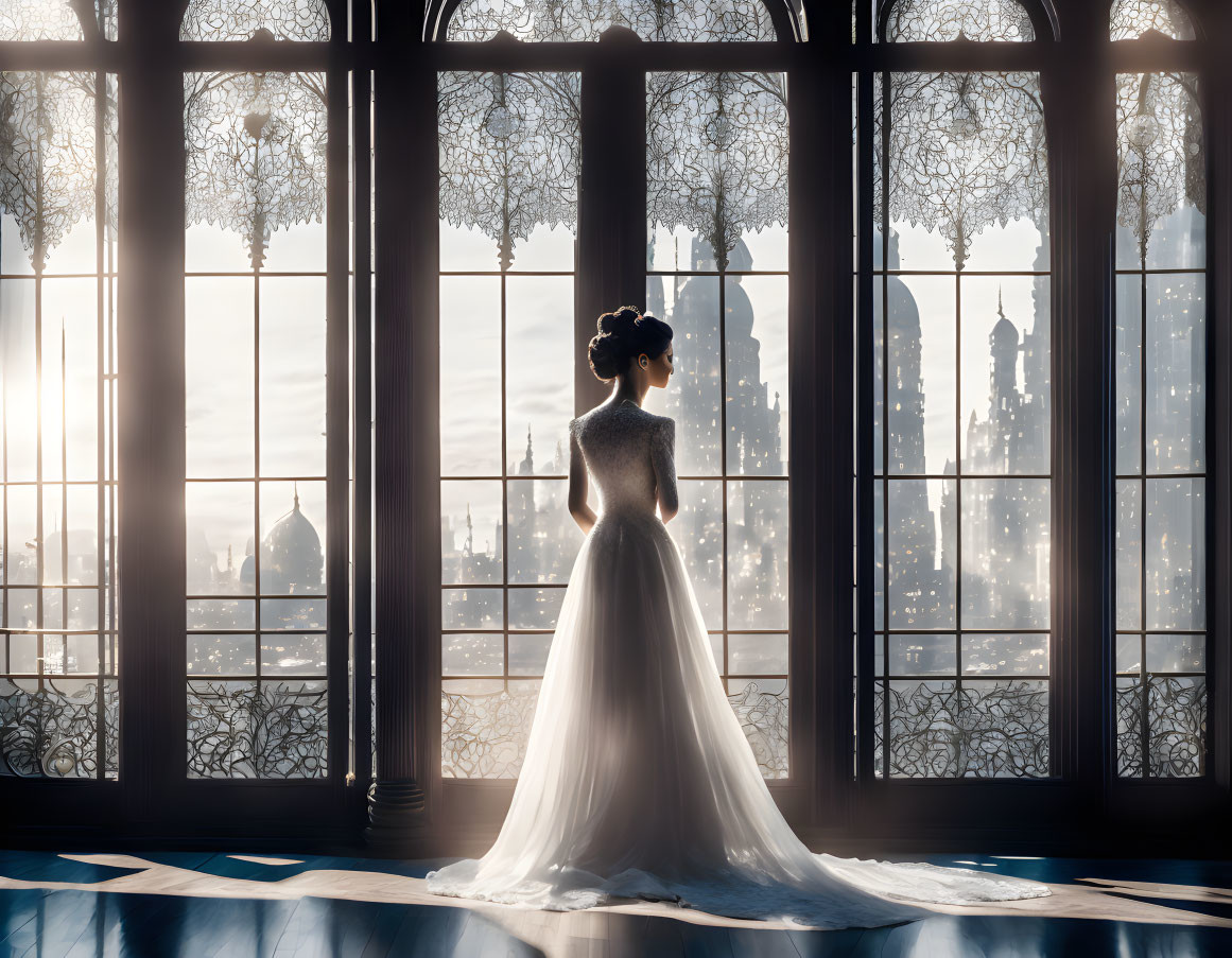 Woman in white gown gazes at cityscape through ornate window