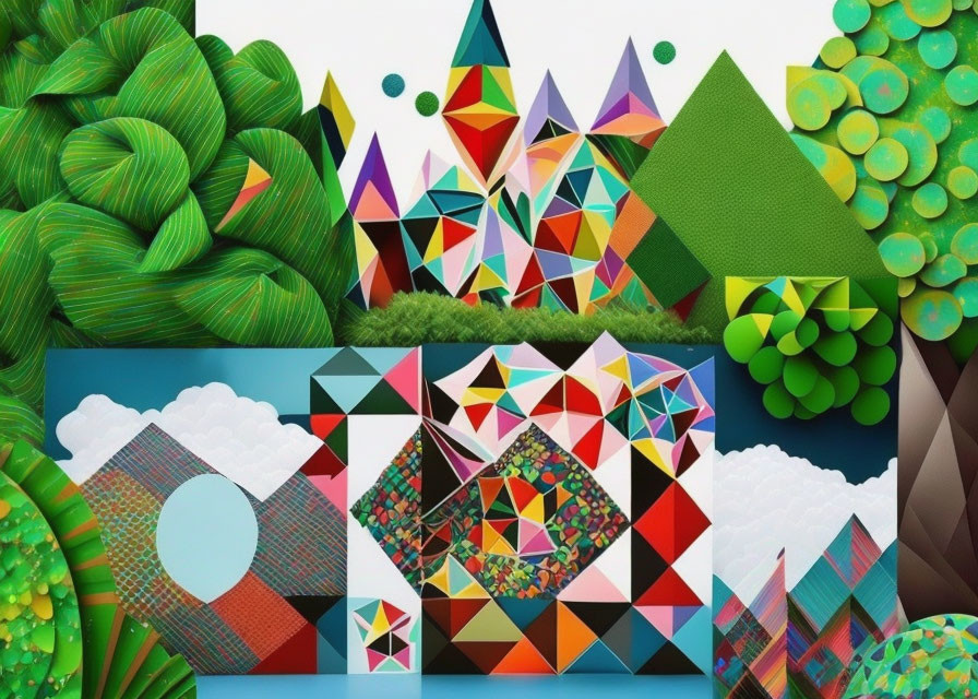 Colorful Geometric Digital Artwork of Mountains, Trees, and Clouds