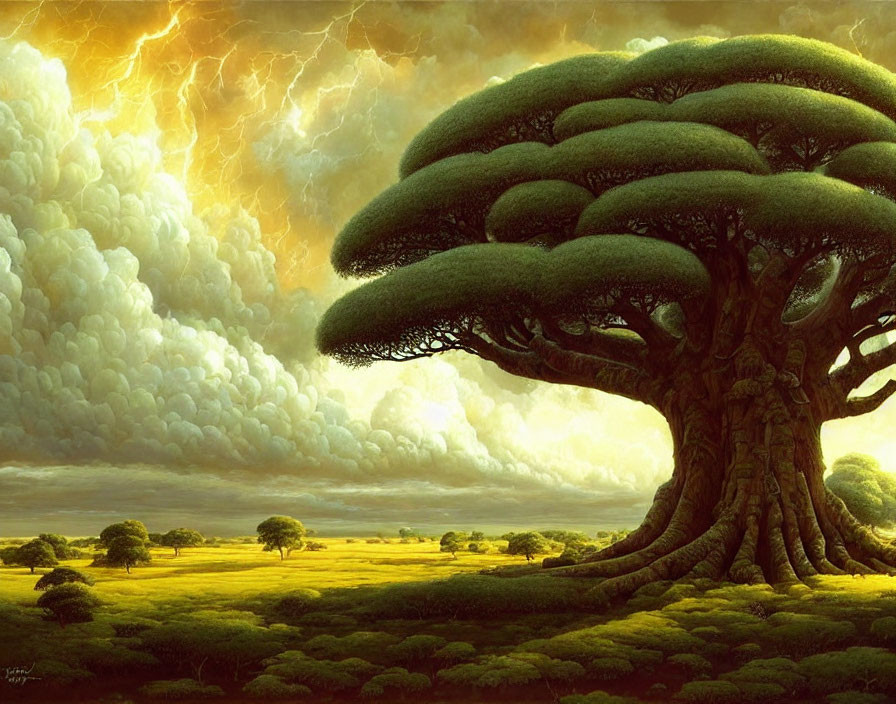 Giant tree with thick trunk and lush canopy in stormy sky over serene grassland