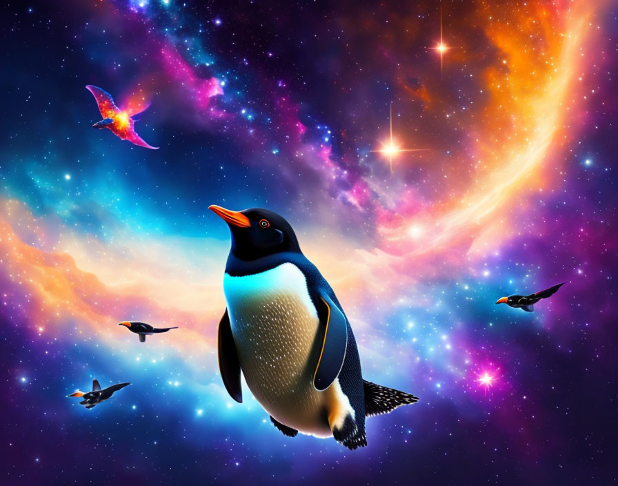 Surreal penguin floating in vibrant cosmic space