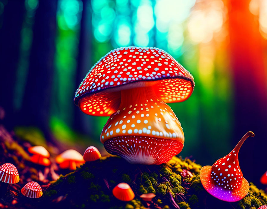 Ethereal light on vibrant red mushrooms in mossy forest