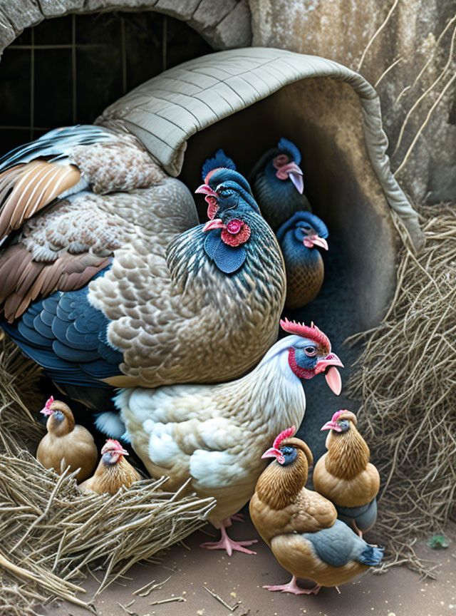 Varied Plumage Chickens Huddled on Straw with Partially Covered Hen